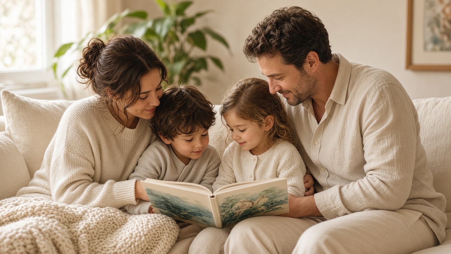 A family reading together on a cream sofa