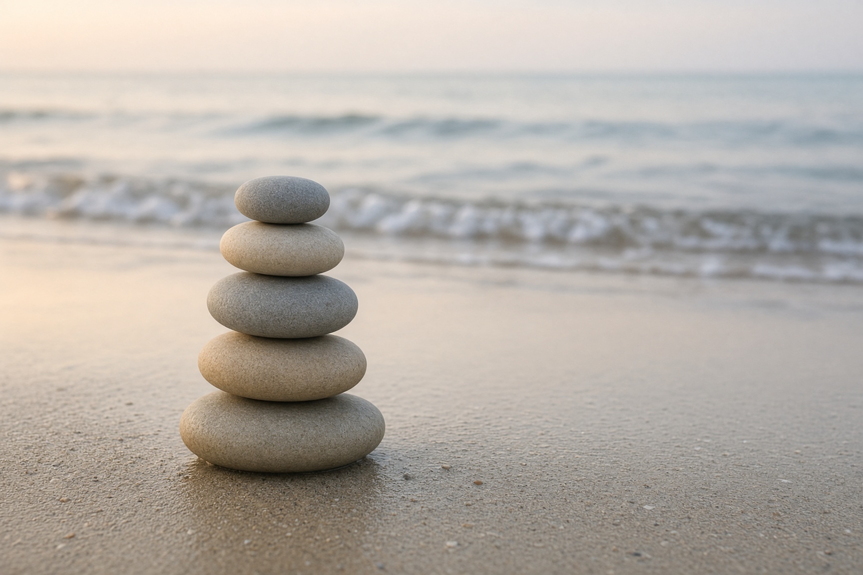 A small stack of smooth stones on a quiet beach