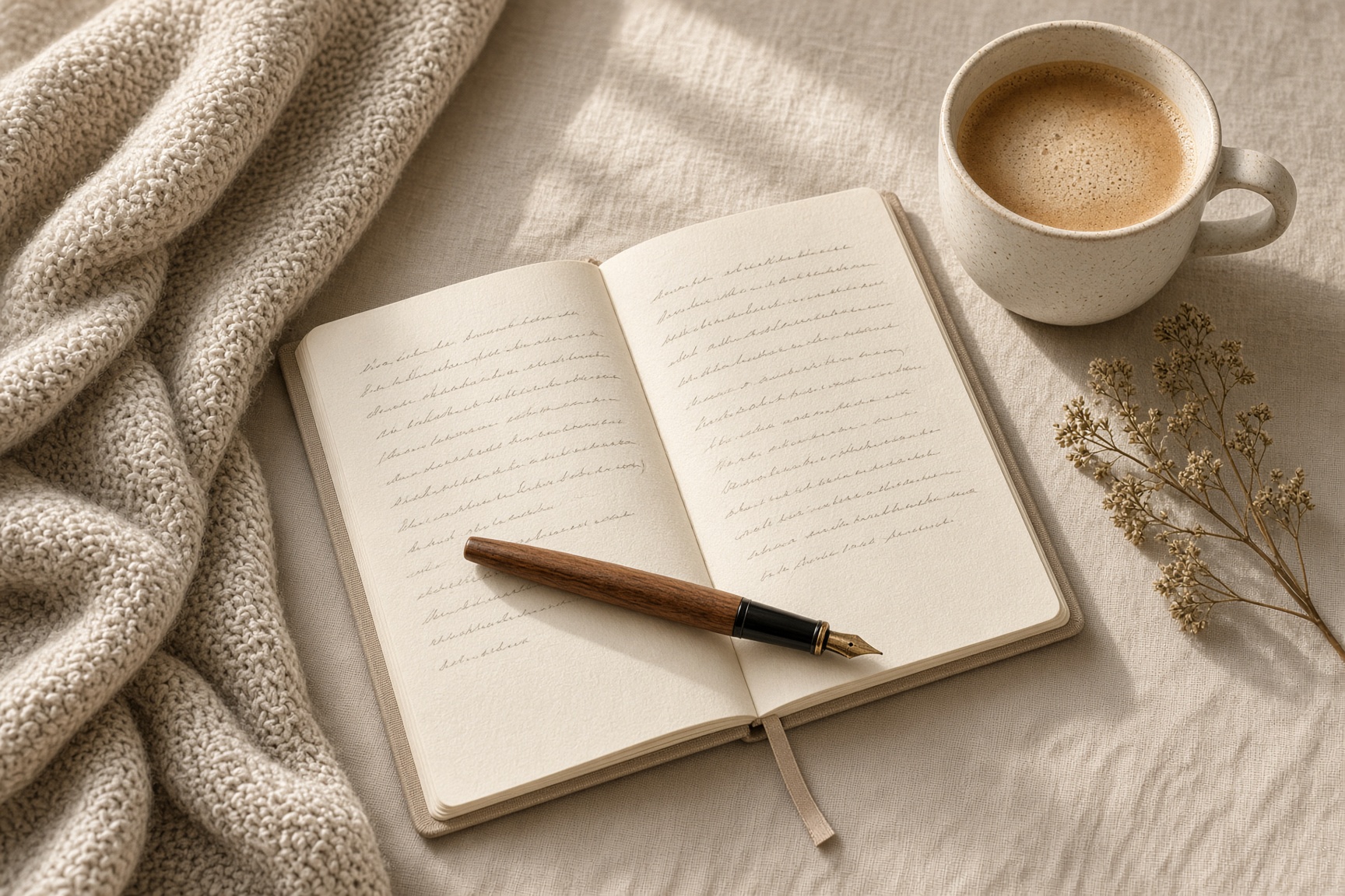 A journal, coffee mug, and knit blanket on a sunlit table
