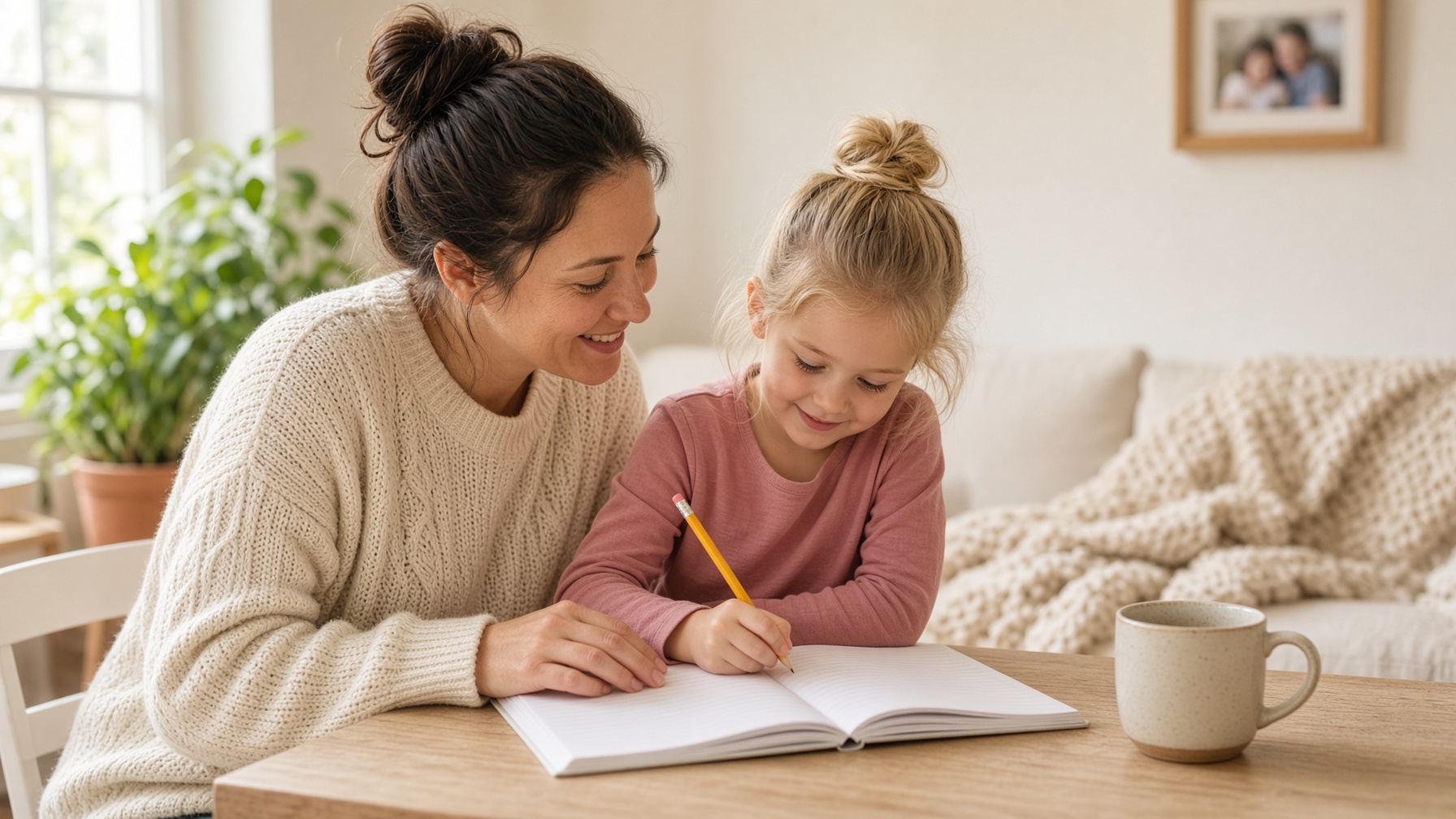 A mother and young daughter writing together at a sunlit table