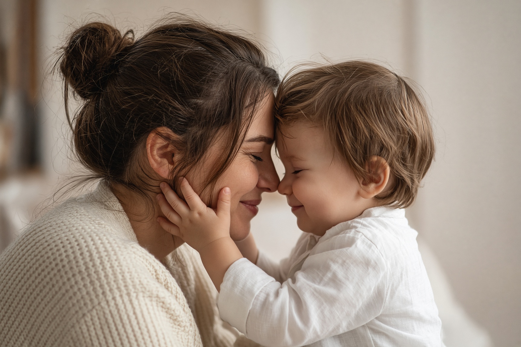 A mother and toddler sharing a quiet forehead-to-forehead moment