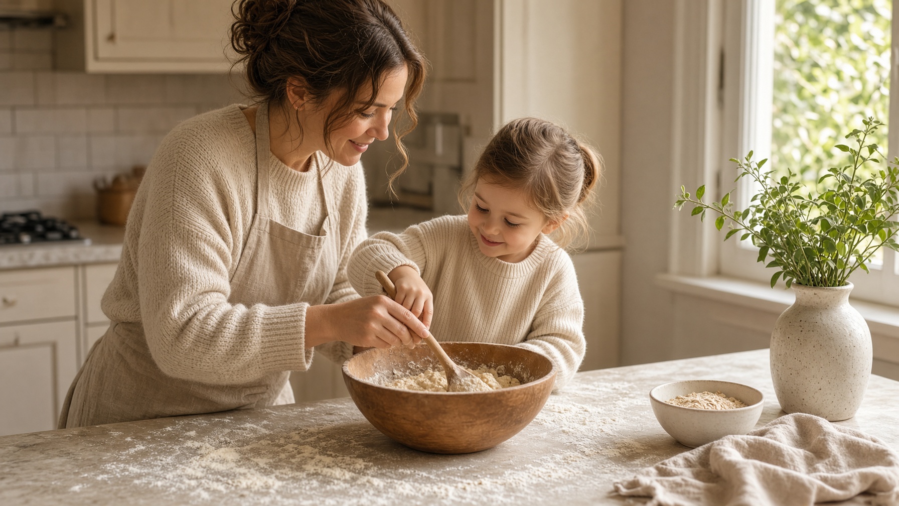 A parent and child baking together in a sunlit kitchen