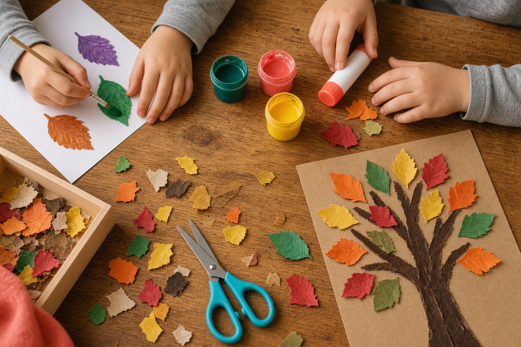 Children’s hands making colorful paper crafts at a table